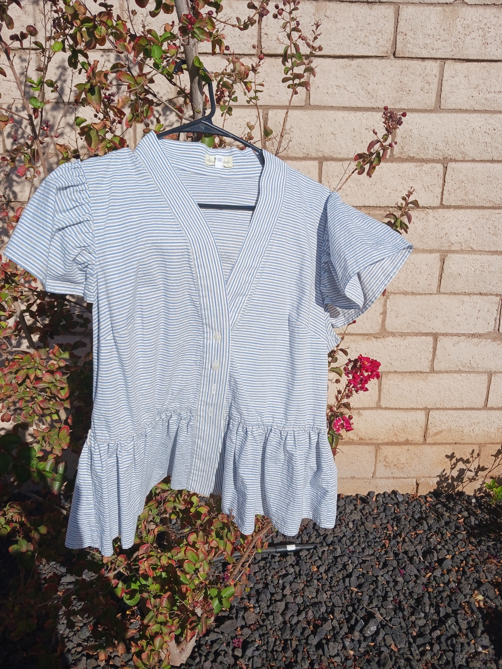 Blue & White Striped V-Neck Peplum Blouse